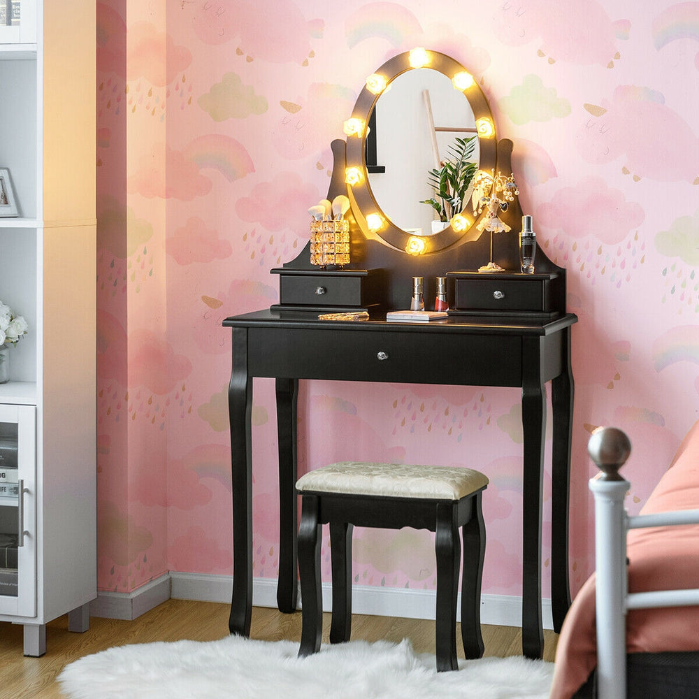 Black lighted mirror vanity dressing table with 3 drawers and cushioned stool, perfect for bedroom makeup setup.