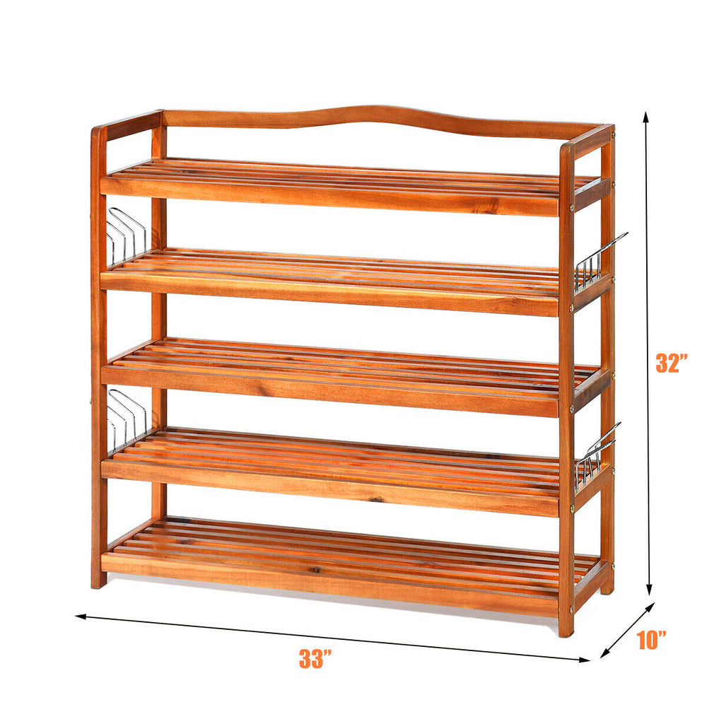 5-tier acacia wood shoe rack with removable shelves and metal hooks, ideal for storing 12-18 pairs in any room.