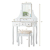 White makeup dressing vanity set with 5 drawers, removable top, and padded stool for comfortable use.