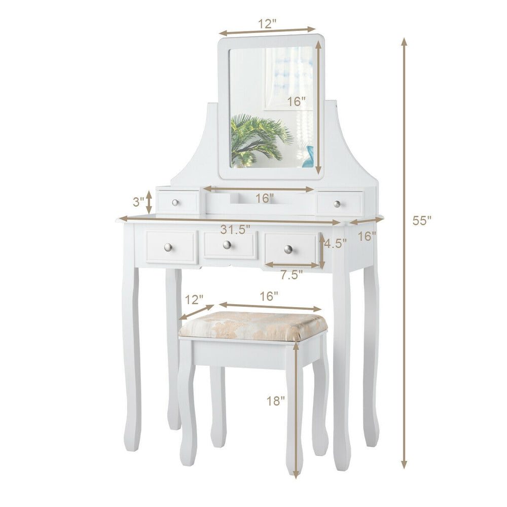 White makeup dressing vanity set with 5 drawers, removable top, and padded stool for comfortable use.