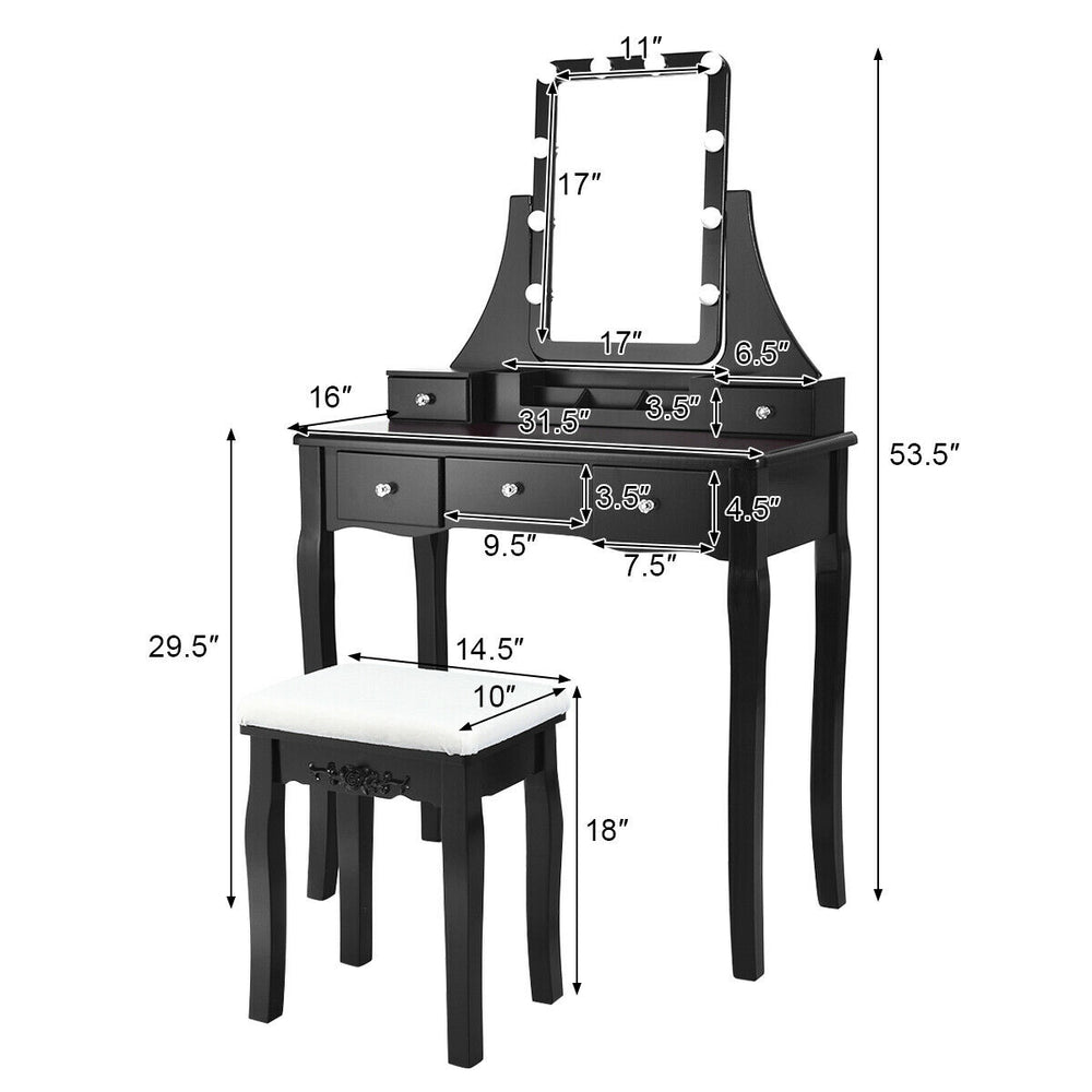 Black vanity dressing table with 10 dimmable light bulbs, cushioned stool, and ample storage for cosmetics.