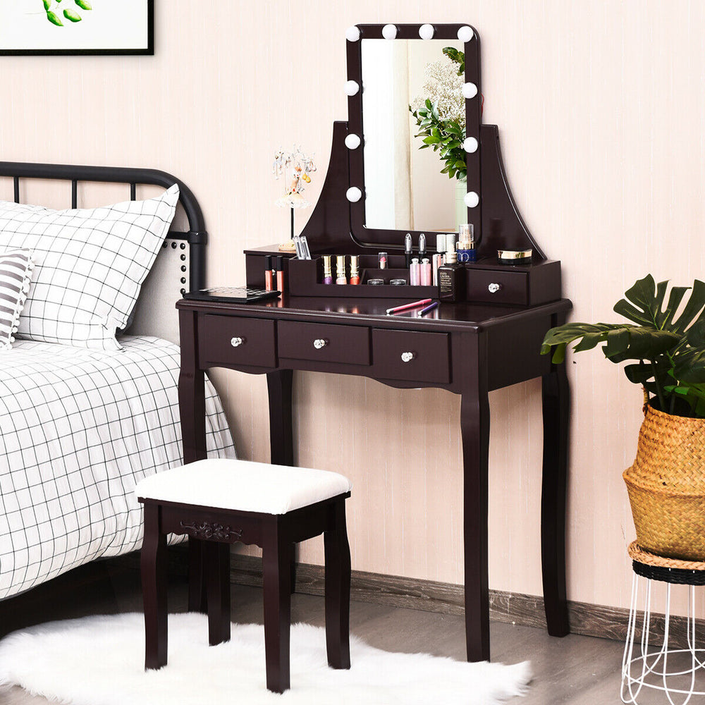 10 Dimmable Light Bulbs Vanity Dressing Table with 2 Dividers and Cushioned Stool-Coffee - Gallery View 1 of 11