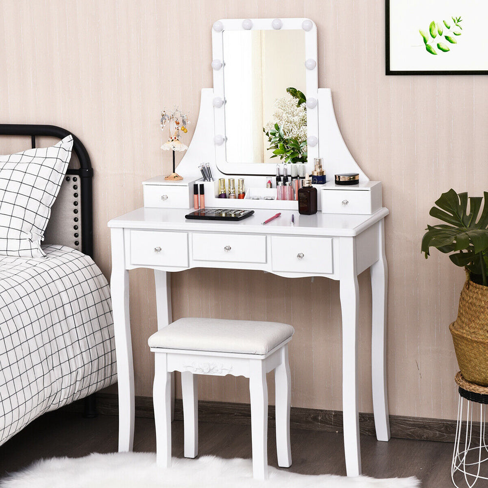 10 Dimmable Light Bulbs Vanity Dressing Table with 2 Dividers and Cushioned Stool-White - Gallery View 1 of 11