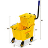 26 quart yellow commercial mop bucket with side press wringer, swivel wheels, and ergonomic handle for easy mobility.