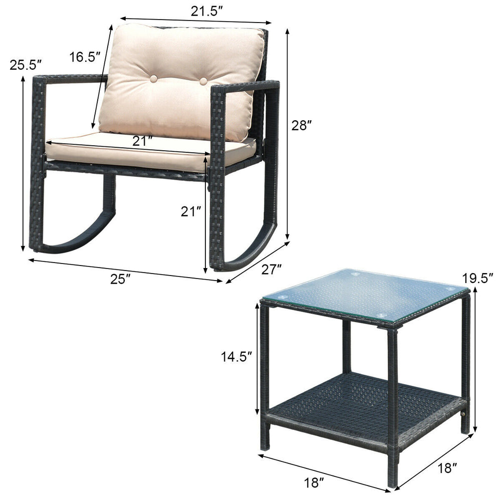 Wicker rocking chair with beige cushion and glass coffee table, featuring a sturdy steel frame and lower storage shelf.