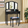 Simple Vanity Set with Tri-Folding Mirror Drawers and Storage Shelf-Black - Gallery View 1 of 13
