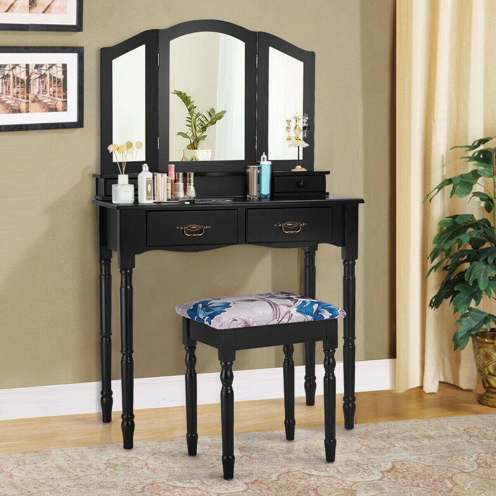 Simple Vanity Set with Tri-Folding Mirror Drawers and Storage Shelf-Black - Gallery View 1 of 13