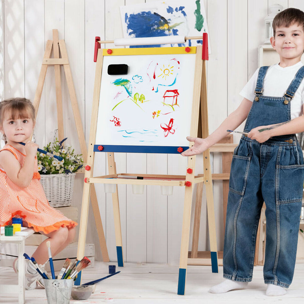 Height adjustable wooden kid's art easel with double-sided board, magnetic stickers, and paper roll for creative play.