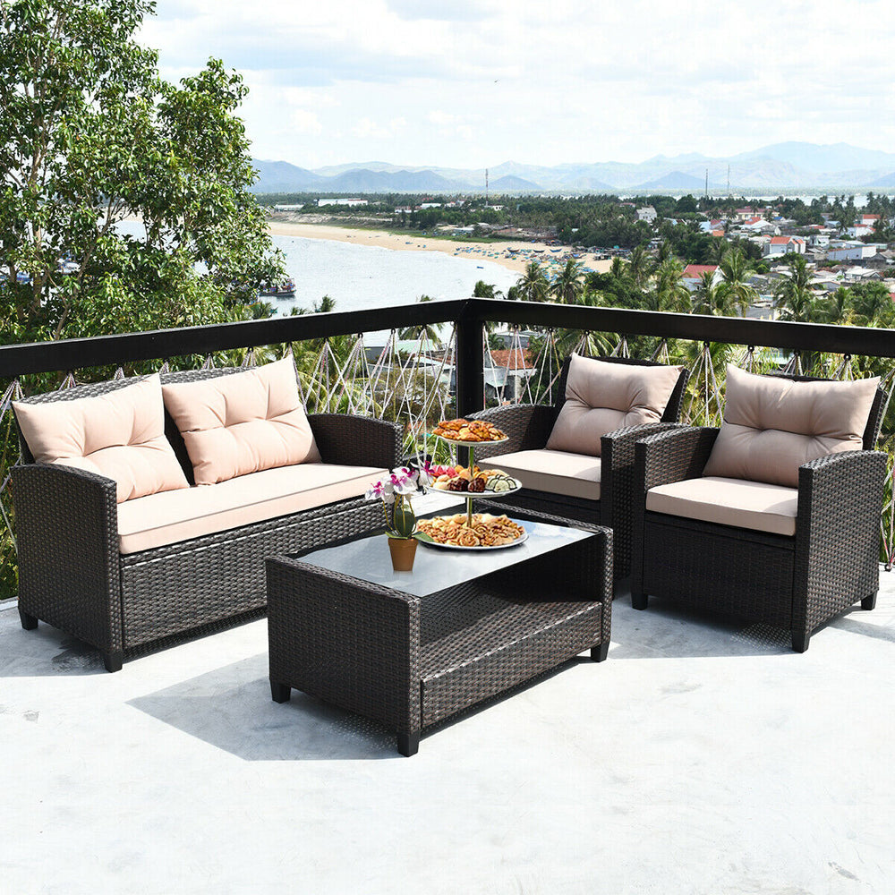 4 Pieces Outdoor Rattan Armrest Furniture Set Table with Lower Shelf-Beige - Gallery View 1 of 10
