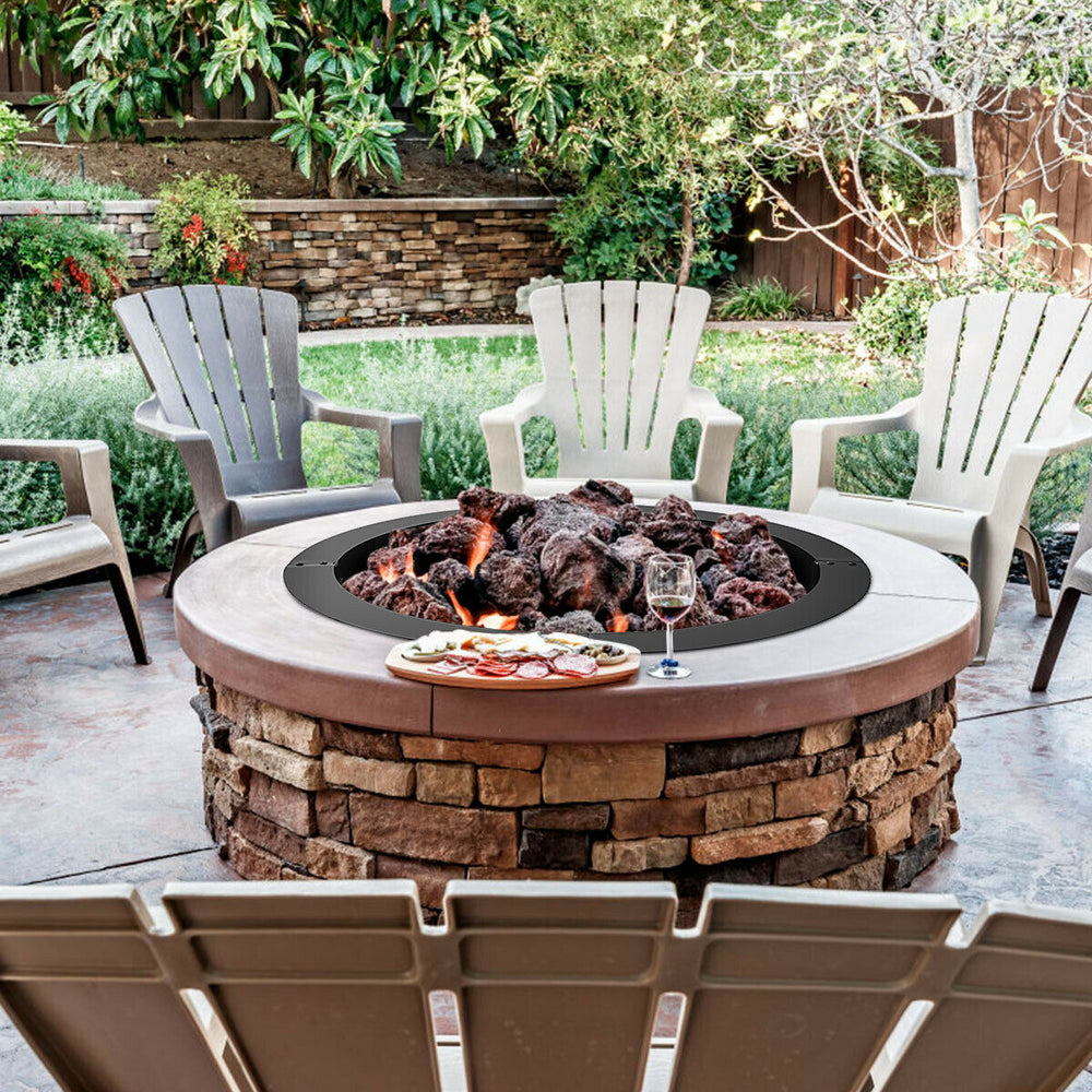 36-inch round steel fire pit ring with smooth edges, perfect for DIY outdoor use, creating a warm atmosphere.