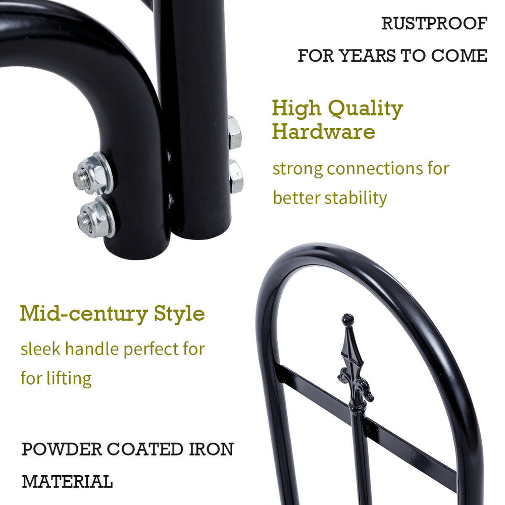 Close-up of the heavy-duty steel firewood storage holder with black powder-coated finish and strong hardware for.