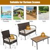 Costway Cushioned Wicker Conversation Set with Acacia Wood Tabletop 4 Pieces New