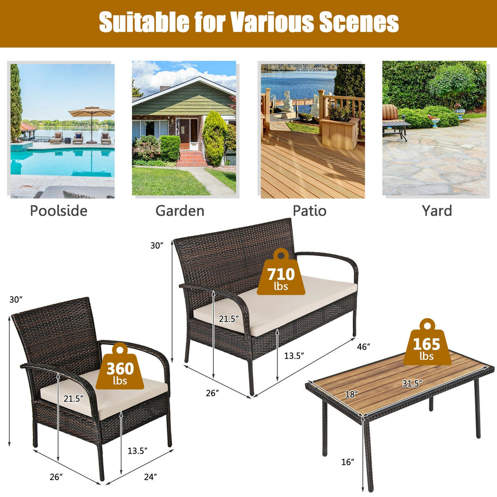 Costway Cushioned Wicker Conversation Set with Acacia Wood Tabletop 4 Pieces New
