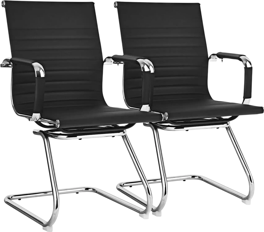 Set of 2 black conference chairs with PU leather and sled base, featuring ergonomic design and armrests for comfort.