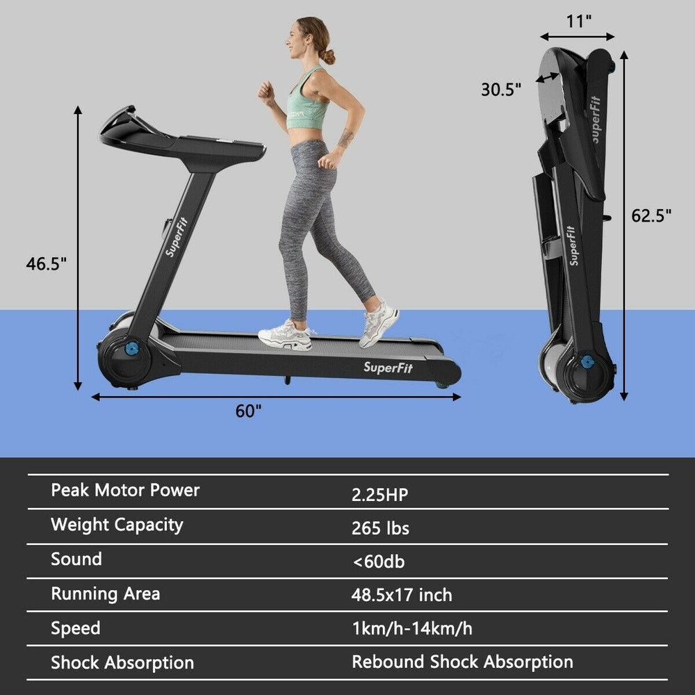 Folding treadmill with 2.25HP motor, wide running belt, and Bluetooth speaker for a quiet, comfortable workout.