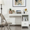 Modern white computer desk with two storage drawers and a shelf, designed for a stylish and organized workspace.