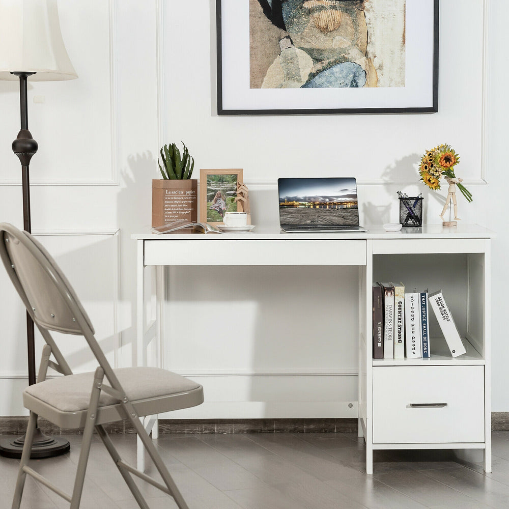 Modern white computer desk with two storage drawers and a shelf, designed for a stylish and organized workspace.