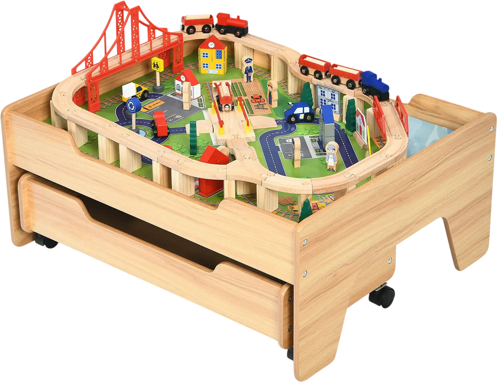 Kids Wooden Train Set Table with 100 Multicolor Pieces and Lockable Wheels