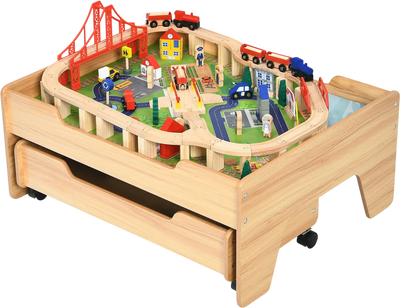 Costway Kids Wooden Train Set Table 100-Pc Lockable Wheels 34095782 New
