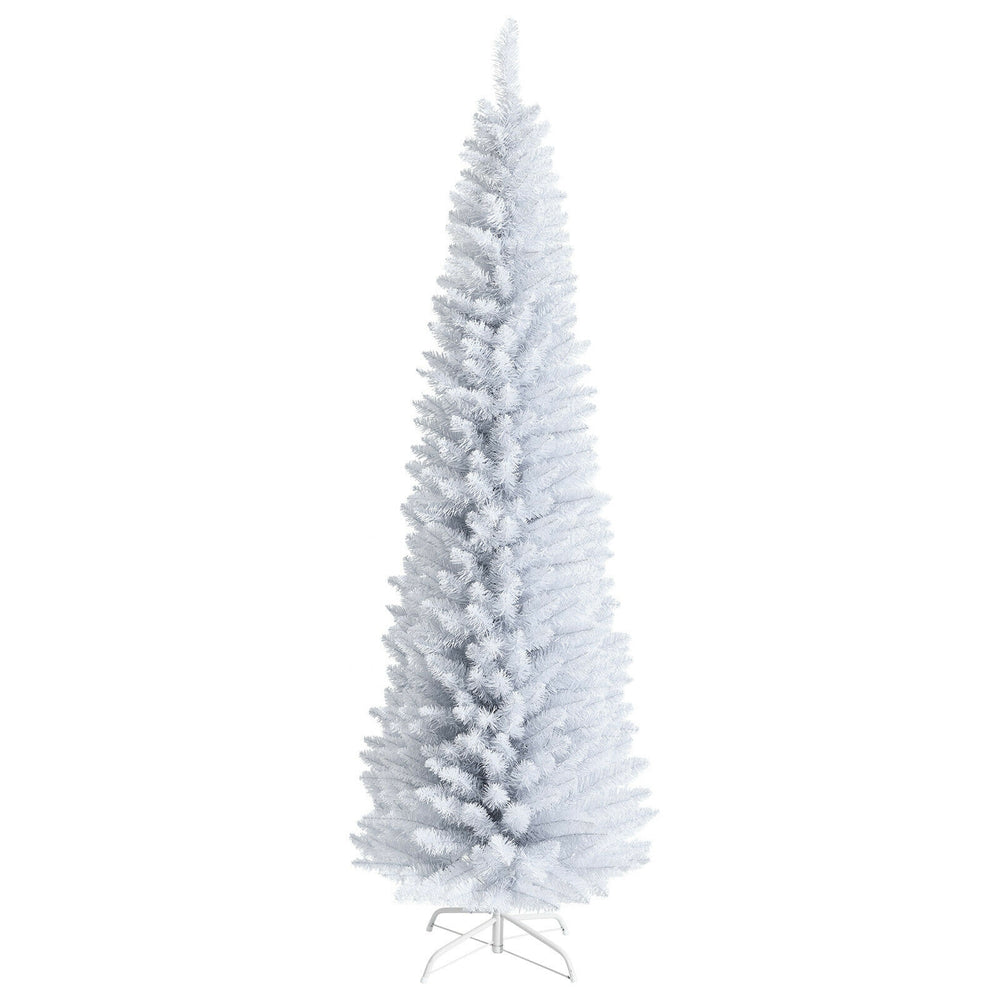 7-foot unlit artificial slim Christmas pencil tree in bright white, featuring a sturdy metal stand for reliable holiday.