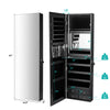 Multipurpose black storage cabinet with full-length mirror, 4 drawers, and ample jewelry and cosmetic storage options.