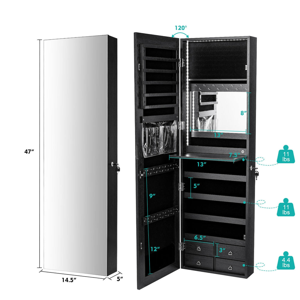 Multipurpose black storage cabinet with full-length mirror, 4 drawers, and ample jewelry and cosmetic storage options.