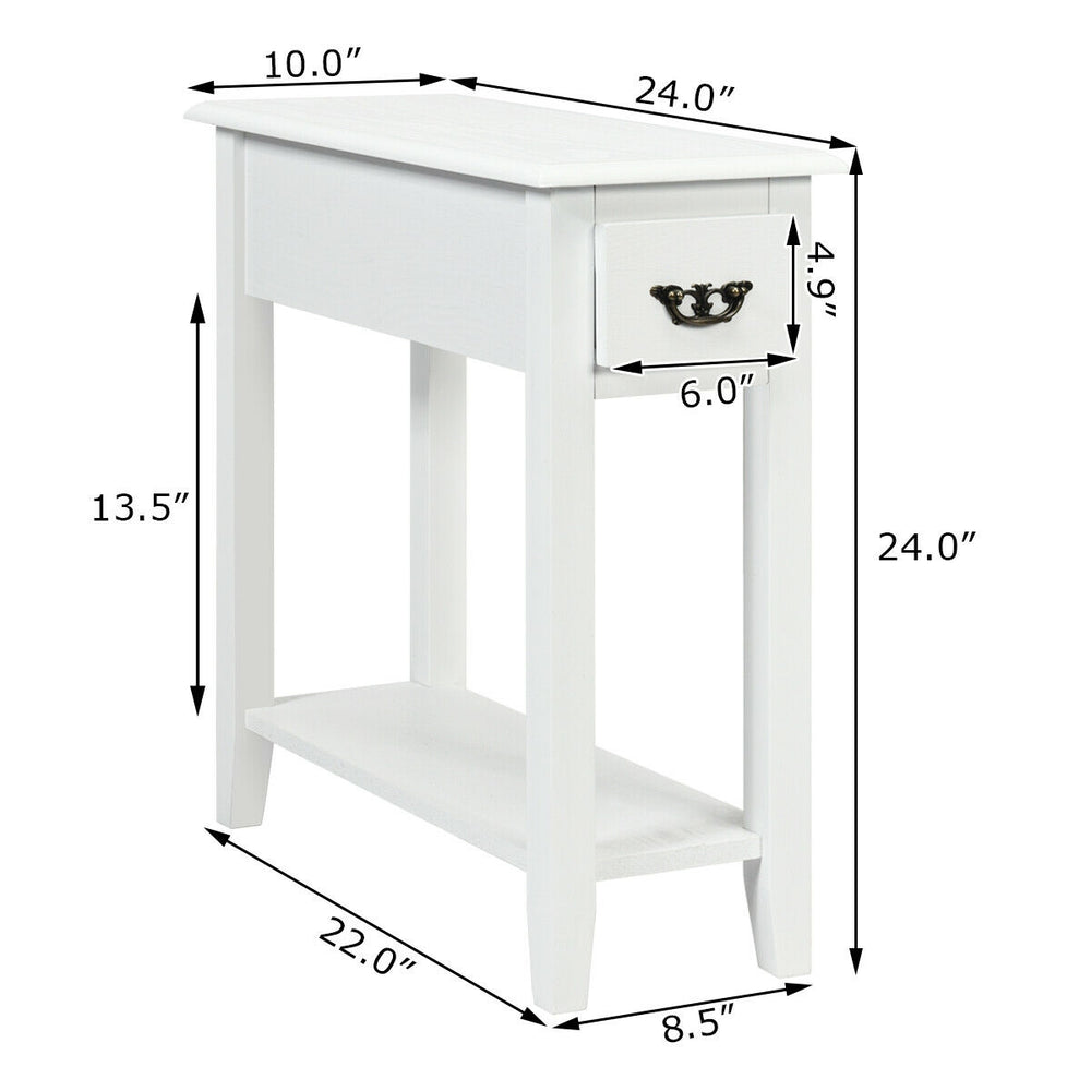 Sleek white end table with a delicate drawer handle and open shelf, ideal for stylish storage in compact living areas.