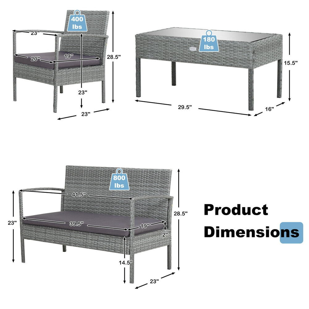 Dimensions of the 4-piece outdoor rattan conversation set with comfortable cushions and sturdy steel frame for.