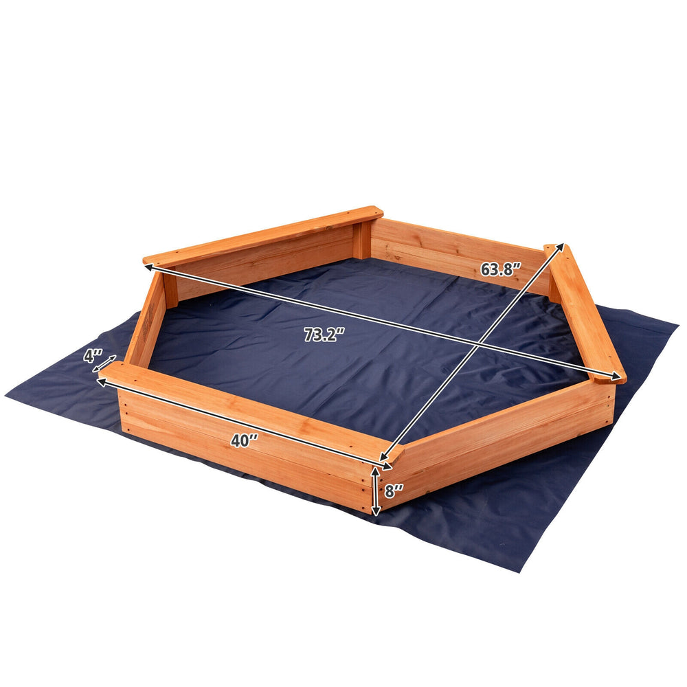 Hexagon wooden cedar sand box with seat boards, measuring 63.8" x 40", perfect for outdoor play for kids.