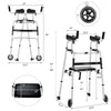 Height adjustable rollator walker with seat and armrest pad, aluminum frame, 5" wheels, suitable for various terrains.