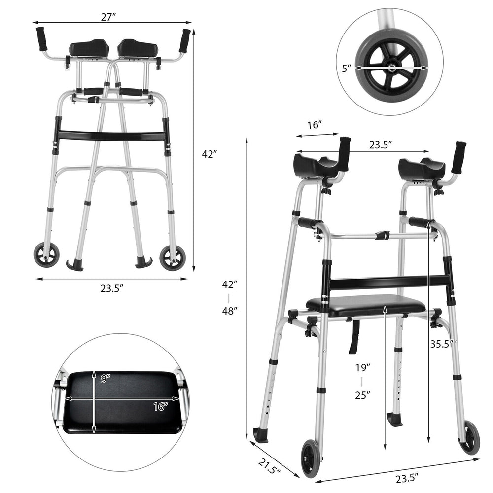 Height adjustable rollator walker with seat and armrest pad, aluminum frame, 5" wheels, suitable for various terrains.