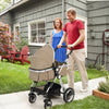 Beige folding aluminum baby stroller with adjustable canopy and storage basket, suitable for infants and toddlers.