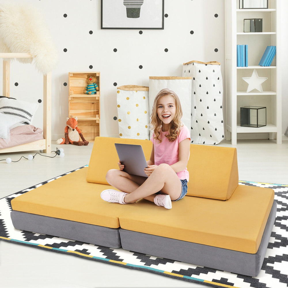 4 Pieces Convertible Kids Couch Set with 2 Folding Mats-Yellow - Gallery View 1 of 10