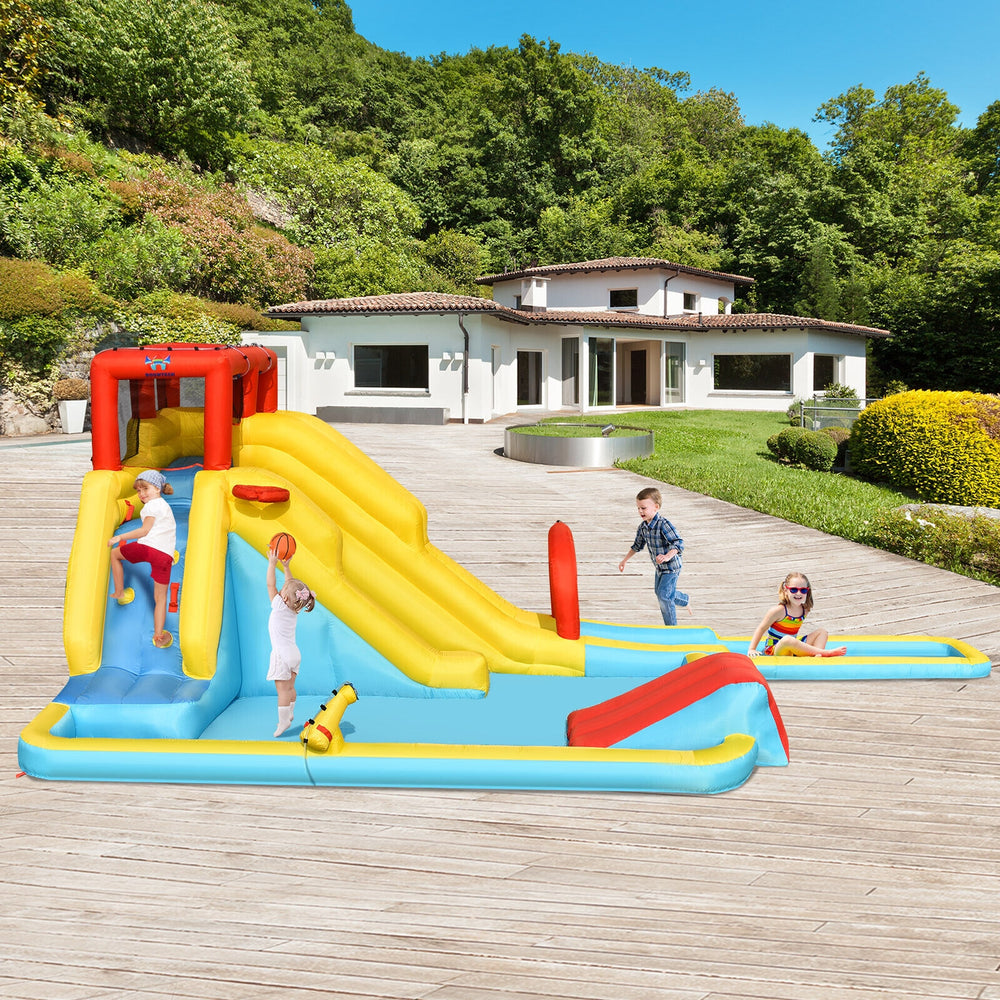 Inflatable Dual Slide Water Park with climbing wall, slides, and pool for kids' outdoor fun and safety.
