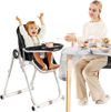 Foldable black baby high chair with adjustable features and lockable wheels, perfect for feeding and easy storage.