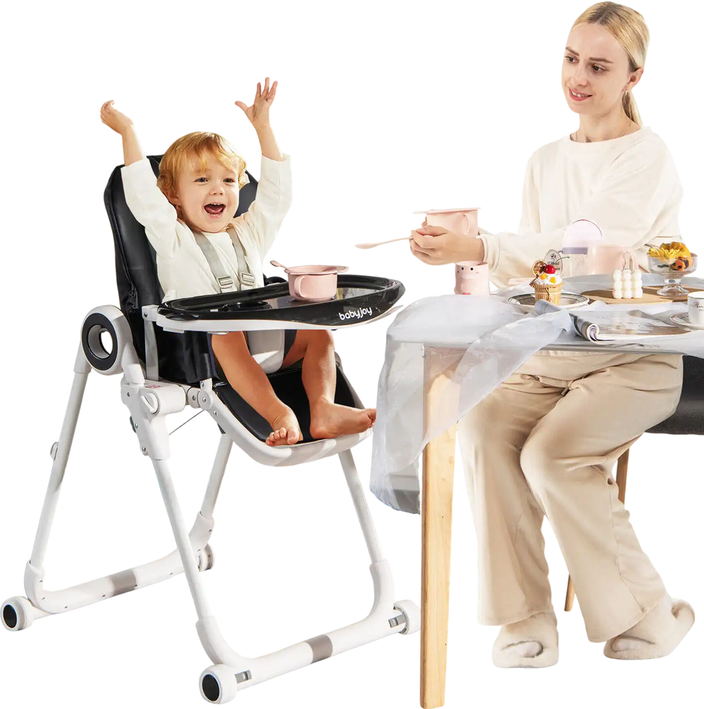 Foldable black baby high chair with adjustable features and lockable wheels, perfect for feeding and easy storage.