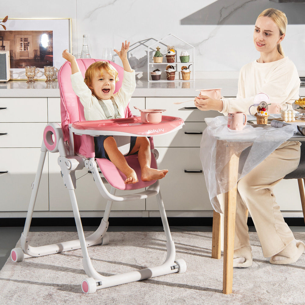 Baby High Chair Foldable Feeding Chair with 4 Lockable Wheels-Pink - Gallery View 1 of 10