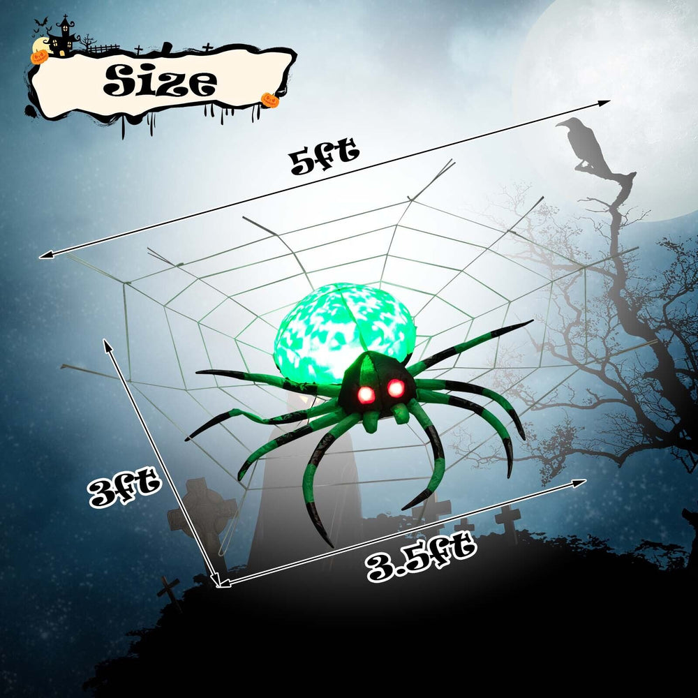 5-foot Halloween inflatable spider with glowing green body, red eyes, and 8 long legs, perfect for outdoor decor.