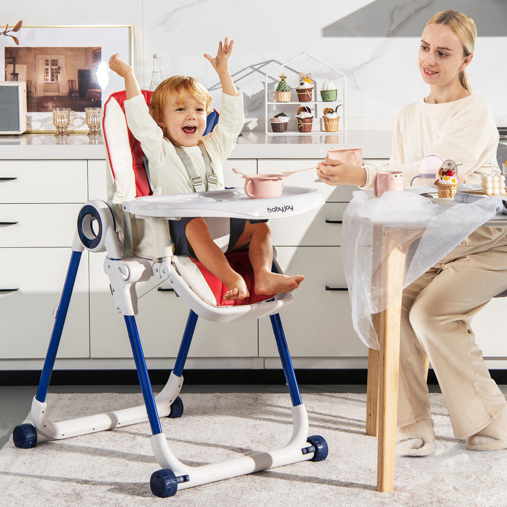 Baby High Chair Foldable Feeding Chair with 4 Lockable Wheels-Red - Gallery View 1 of 10