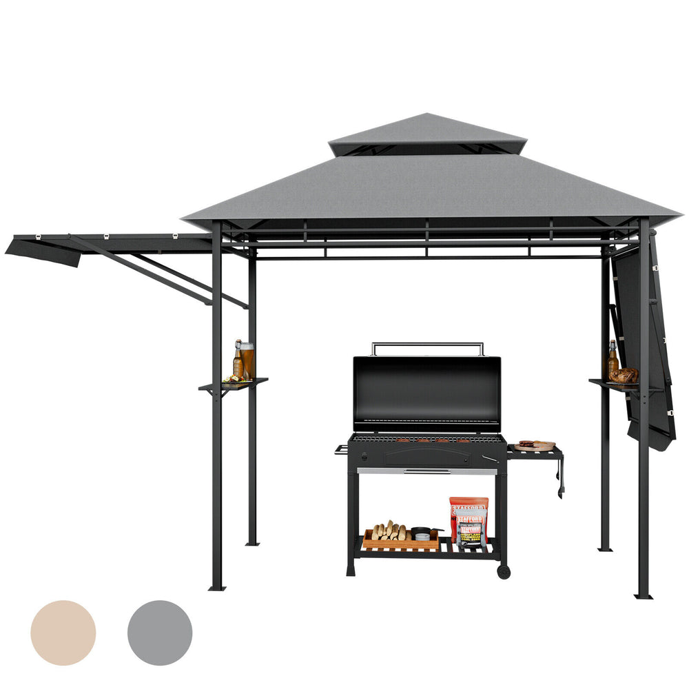 Patio BBQ grill gazebo with dual side awnings, gray canopy, and sturdy steel frame for outdoor cooking and.