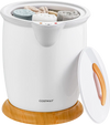 Bathroom towel warmer bucket in white with bamboo base, featuring a fragrance holder and auto shut-off for safety.