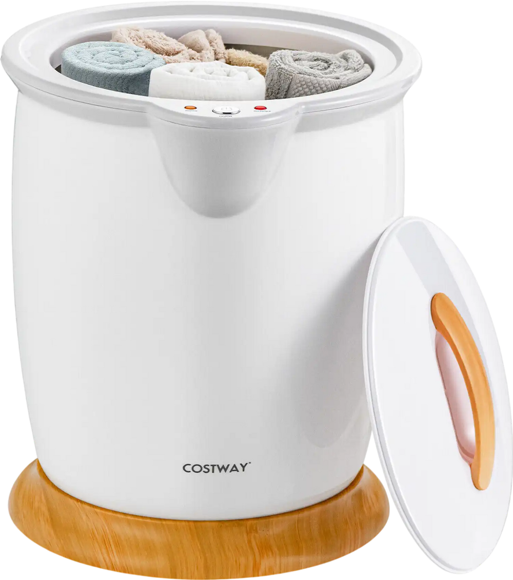 Bathroom towel warmer bucket in white with bamboo base, featuring a fragrance holder and auto shut-off for safety.