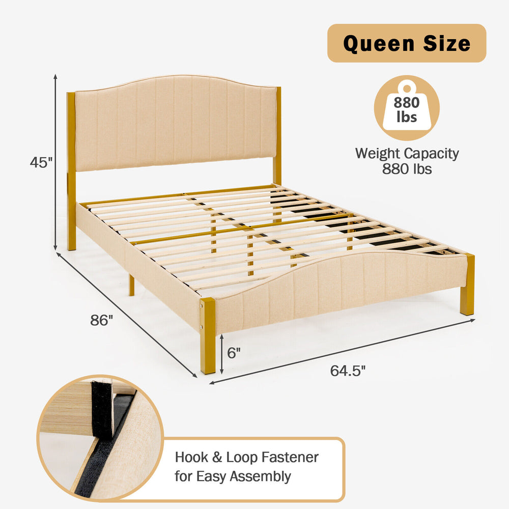 Queen size upholstered bed frame with quilted headboard, solid wood slats, and noise-reduction foam for a comfortable.