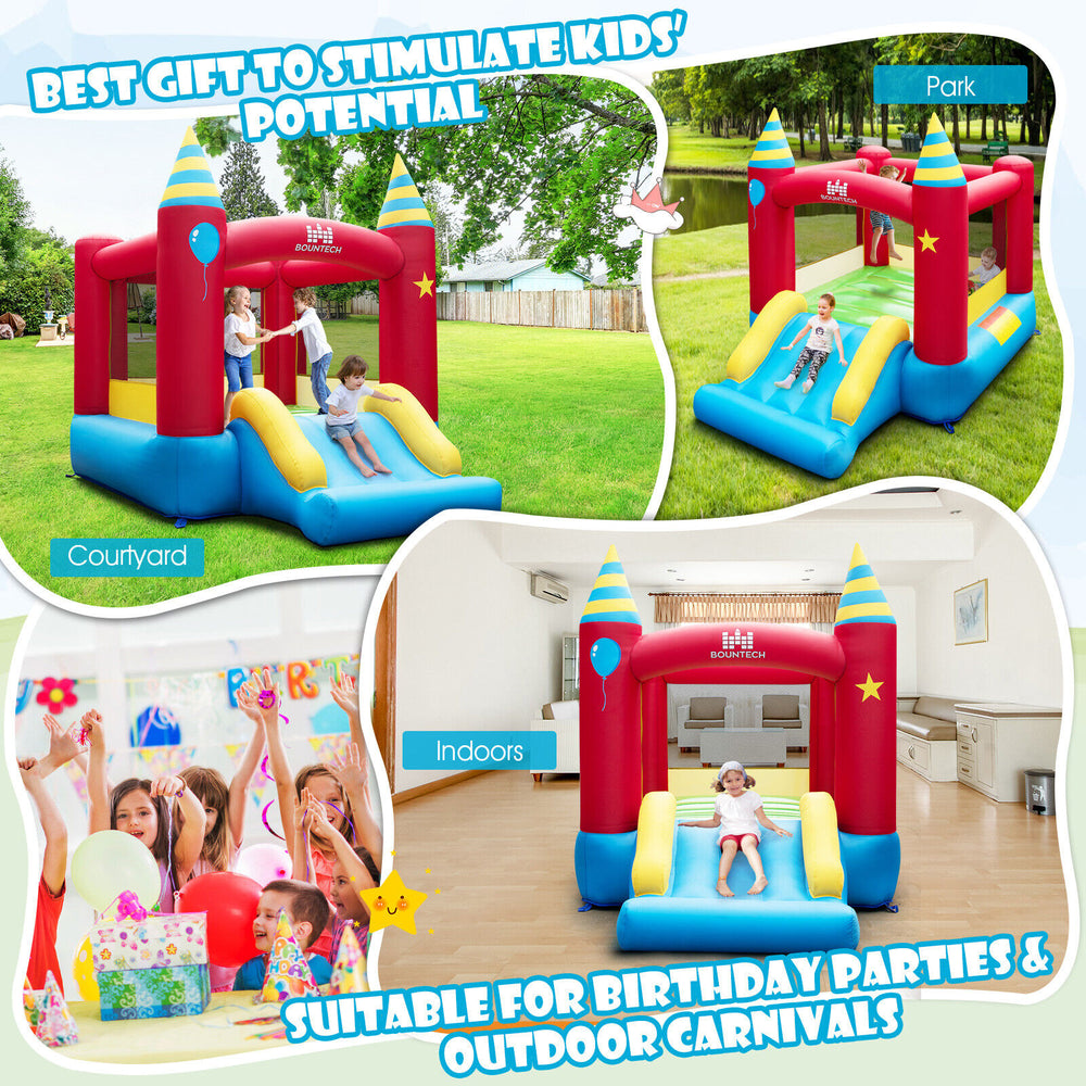 Inflatable kids bounce castle with slide, made of 420D oxford cloth, suitable for indoor and outdoor play.