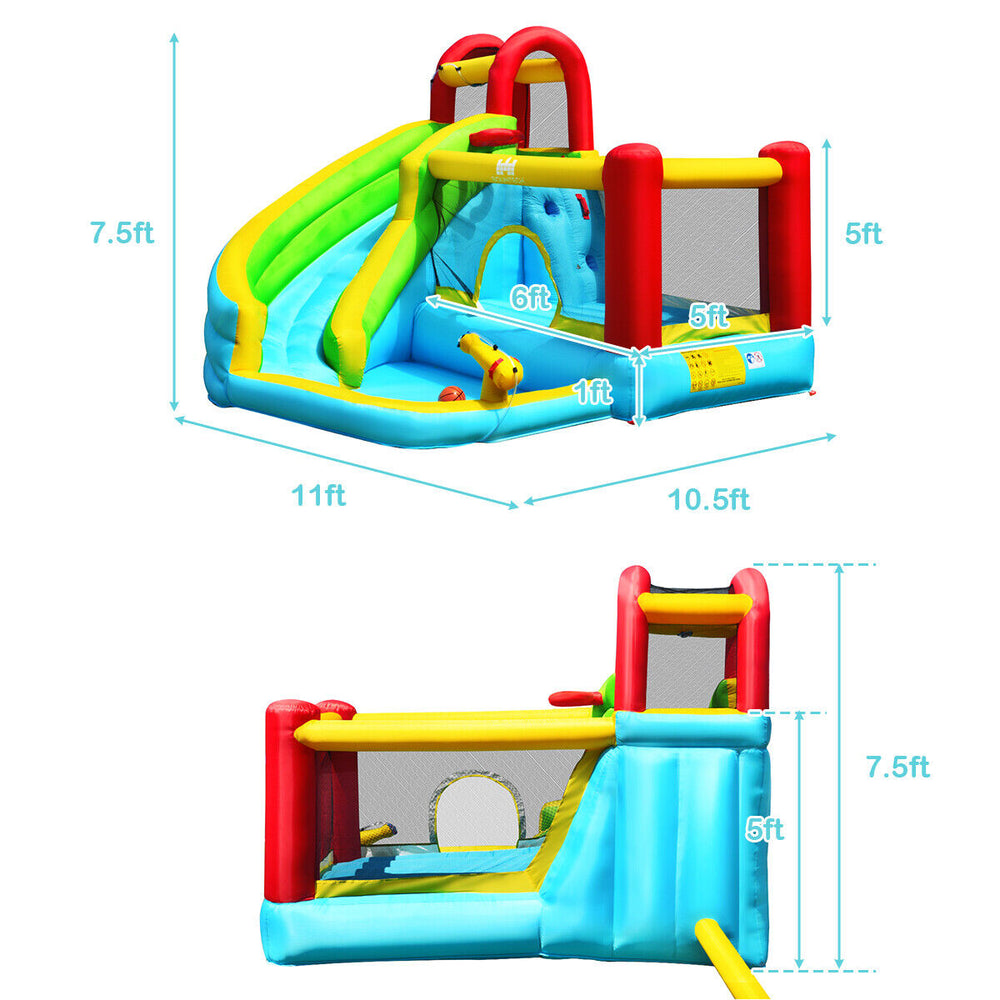 Inflatable bounce house with climbing wall, water slide, and basketball hoop, perfect for backyard summer fun.
