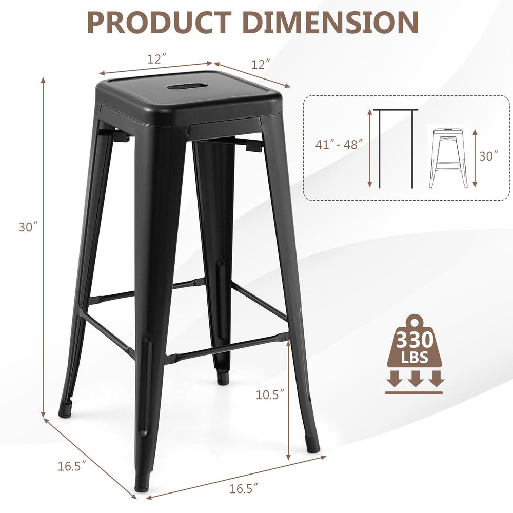 30-inch black bar stool with square seat and handling hole, featuring stackable design and non-slip foot pads for.
