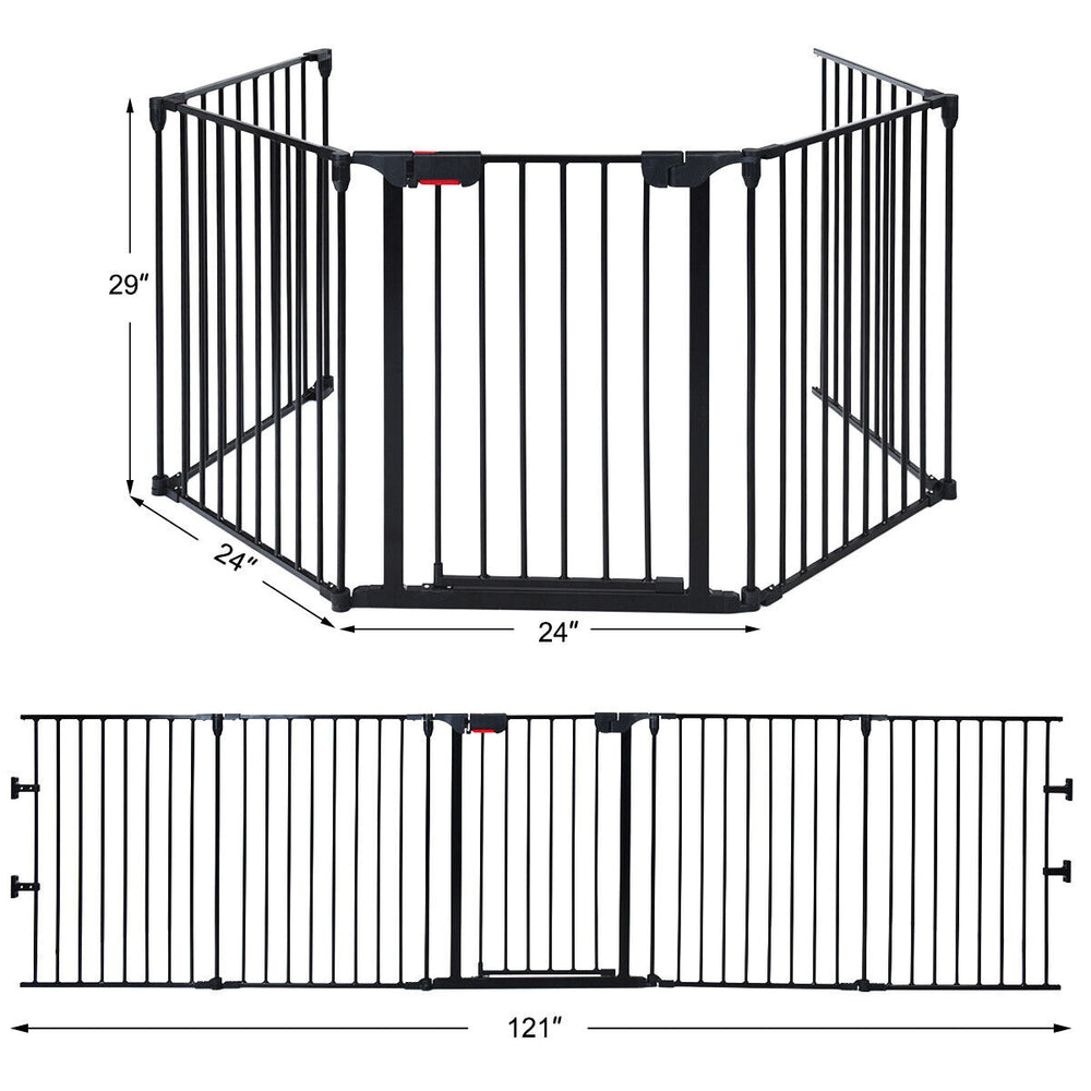 5-panel adjustable black fireplace fence, 115 inches long, versatile for pets or toddlers, features a walk-through door.