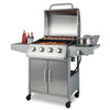 5-burner propane gas grill with side burner, stainless steel design, and two prep tables for outdoor cooking.