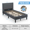 Twin size upholstered bed frame with button tufted headboard, breathable fabric, and solid slats for stability.