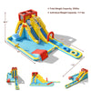 Inflatable 7-in-1 water park with dual slides, climbing wall, and pool, made of durable Oxford cloth for outdoor fun.